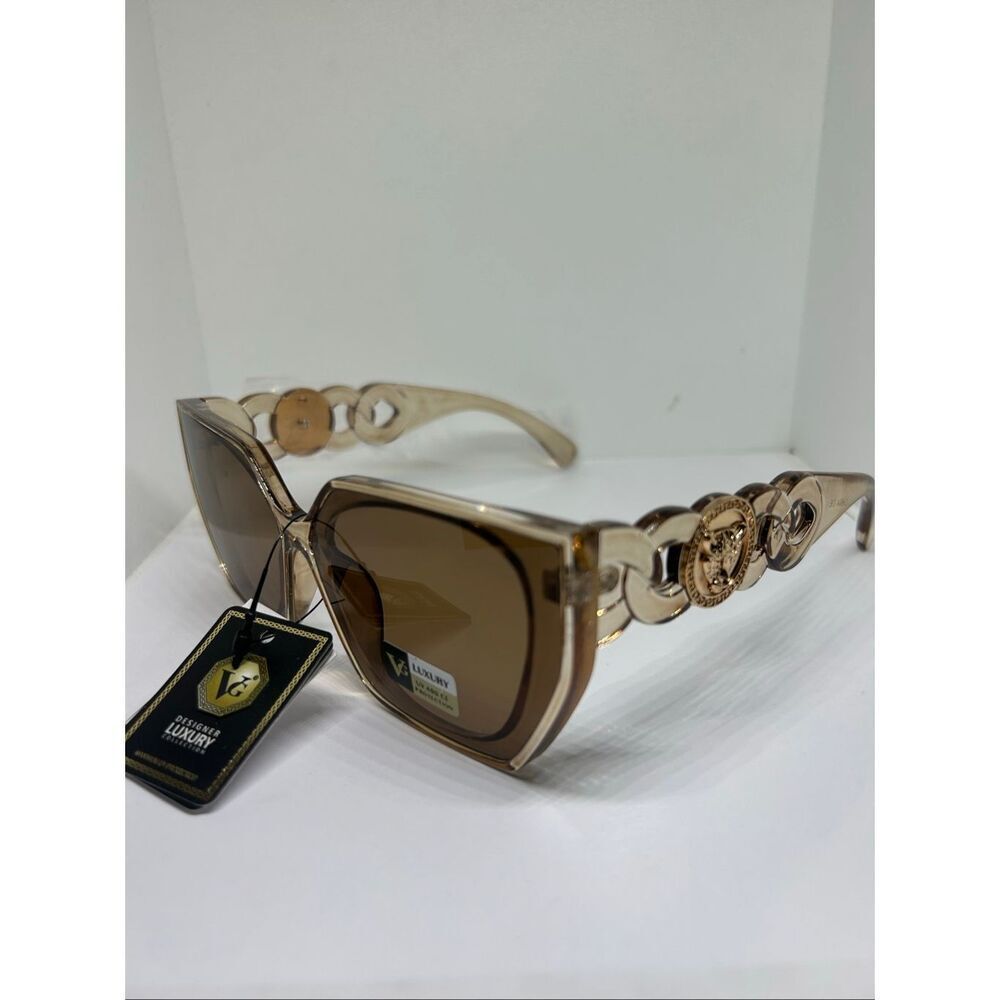 VG Oversized Square Sunglasses Designer Style Brown Gradient Luxe Chain Detail